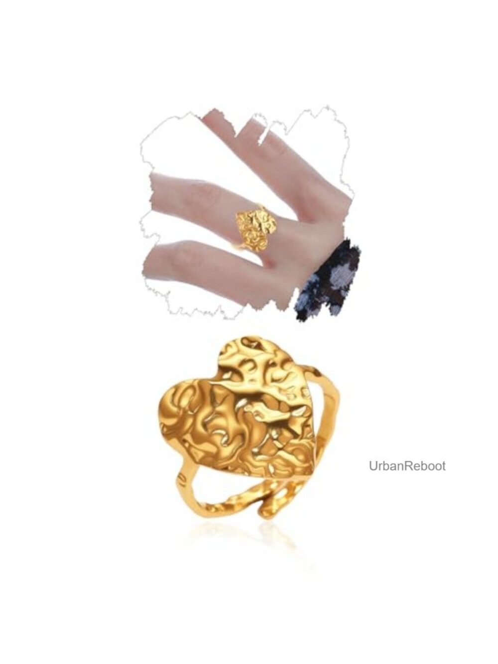 18K Gold Plated Hammered Heart Statement Ring Adjustable Open Ring Textured